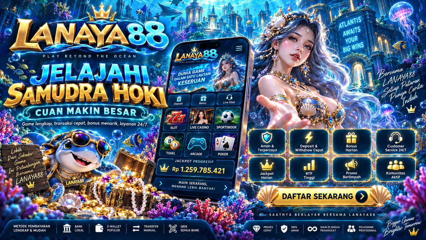 Banner LANAYA88 — ilustrasi layanan dan kategori permainan